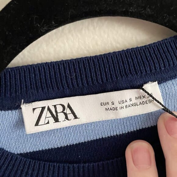 Zara Women S Blue Striped Ribbed Knit Crew Neck Pullover Basic Cropped Sweater - Picture 7 of 9